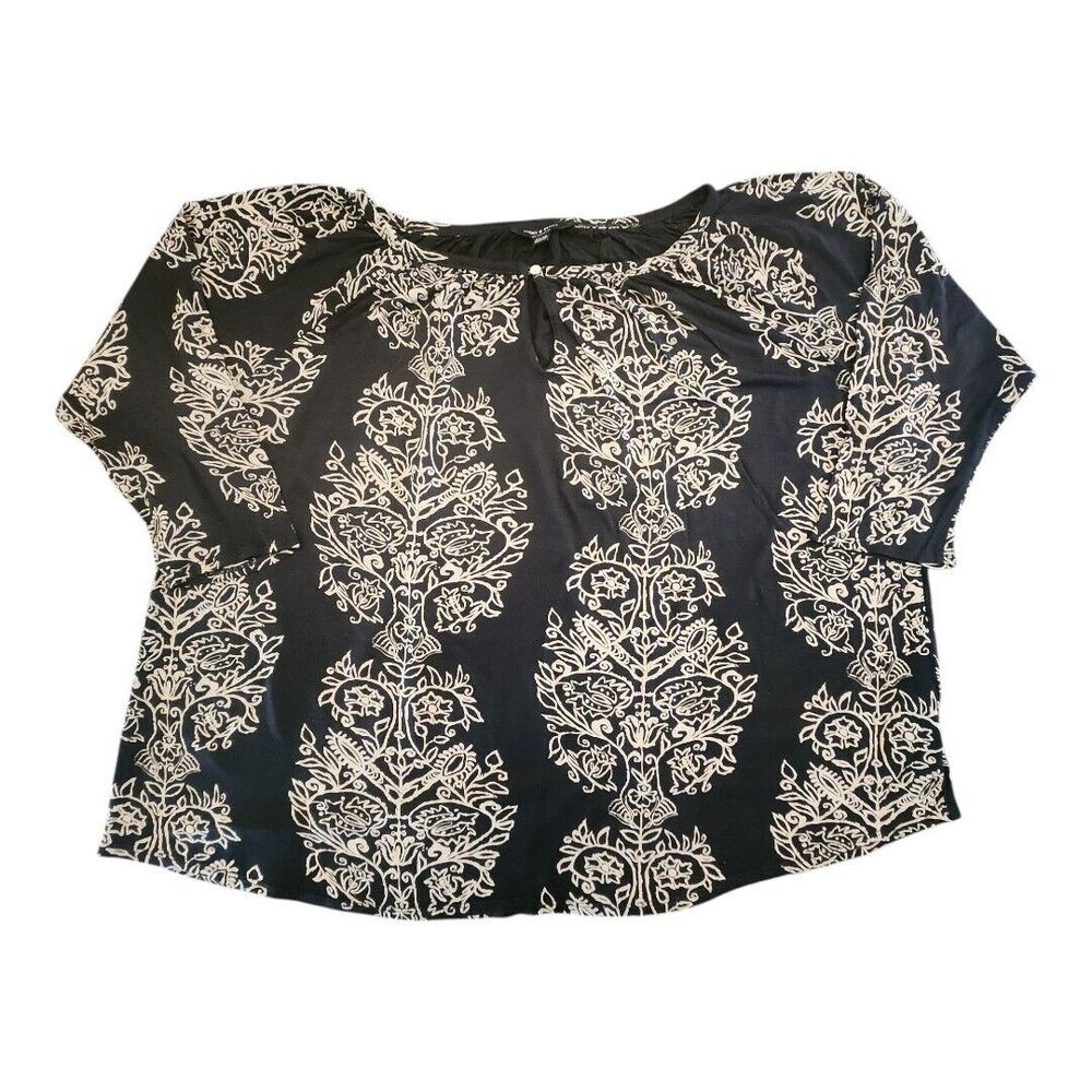 Lucky Brand Tunic Top Womens 2X Black Floral Boho Viscose Flowy Popover Blouse